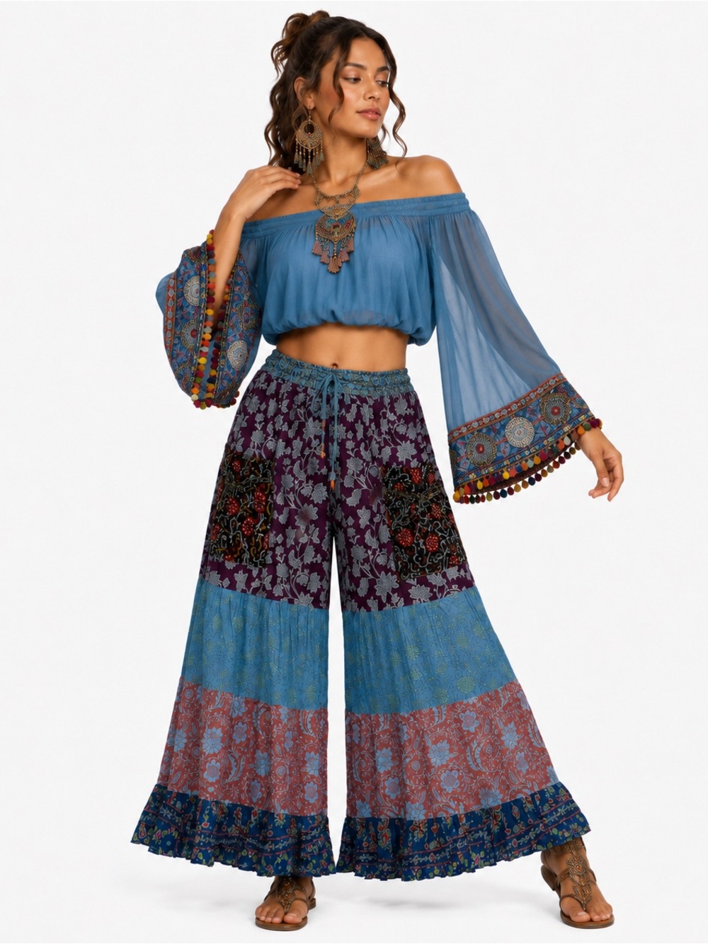 Hippie Forever Handmade Patchwork Palazzo Pants Womens SZ OS Dreamy Forest Fairy